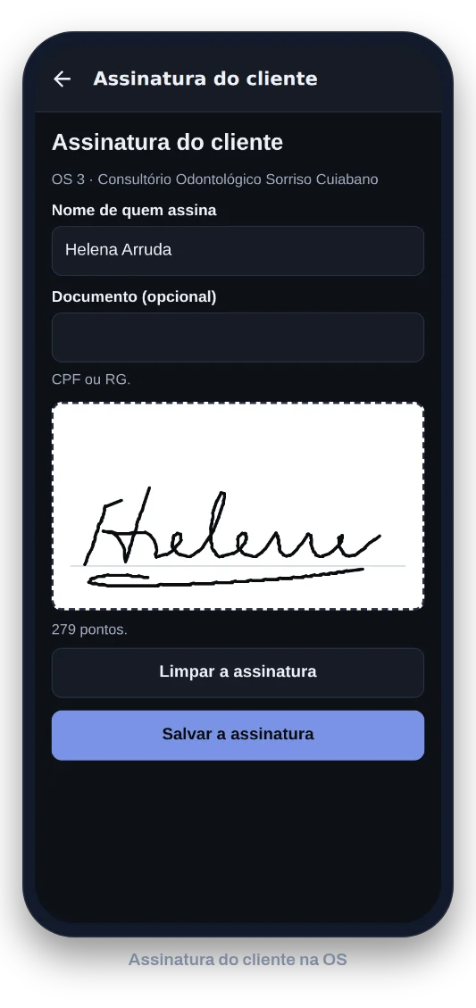 App do técnico com a assinatura do cliente, feita com o dedo, na ordem de serviço
