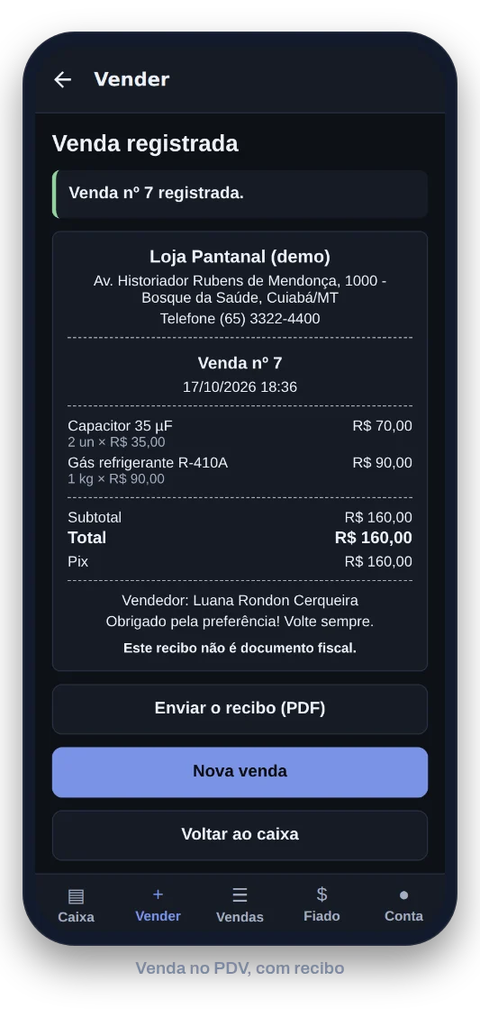 Venda registrada no PDV do celular, com o recibo, o pagamento por Pix e o botão para enviar o PDF