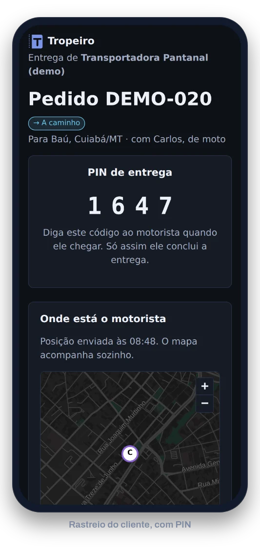 Rastreio do pedido no celular do cliente, com o PIN que confirma o recebimento e o motorista no mapa