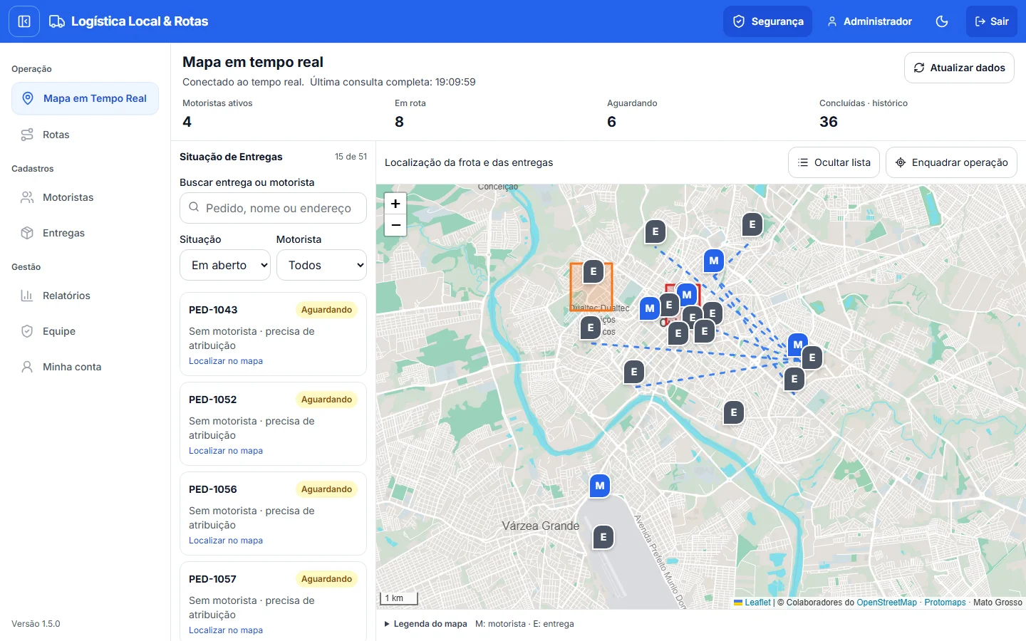 Painel da central de entregas: mapa de Cuiabá em tempo real com motoristas e entregas, ao lado da lista de pedidos aguardando motorista