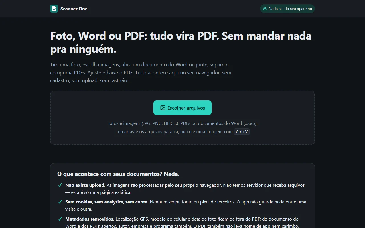 Tela inicial do Scanner Doc: botão para escolher fotos, PDFs ou documentos do Word e a garantia de que nada sai do aparelho