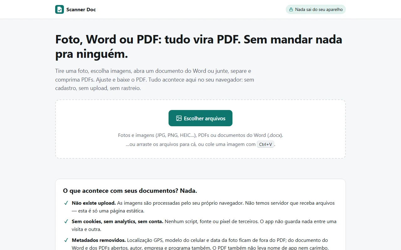 Tela inicial do Scanner Doc: botão para escolher fotos, PDFs ou documentos do Word e a garantia de que nada sai do aparelho